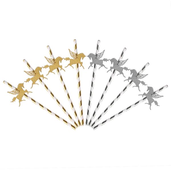 

paper straw new 25x gold/silver color party favors gold glitter unicorn for kids birthday party decor