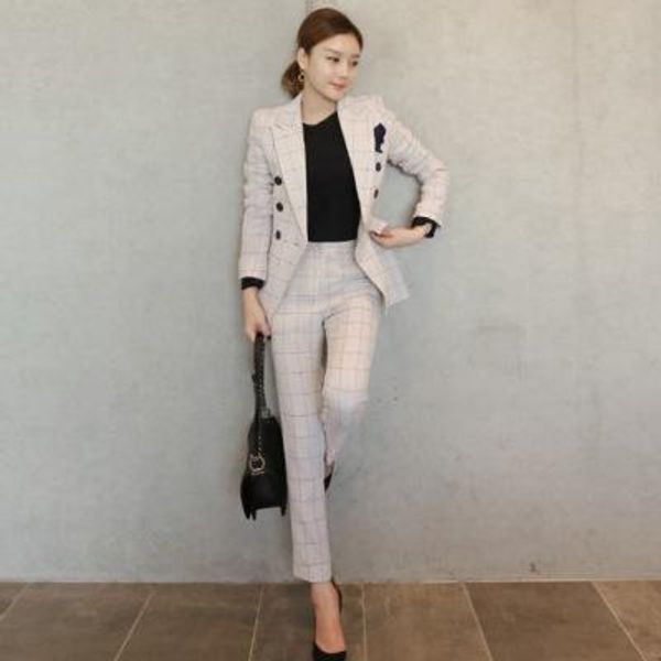 

work office pants and jackets two pieces set women blazer suit autumn vintage beige plaid business formal suits for women, White;black