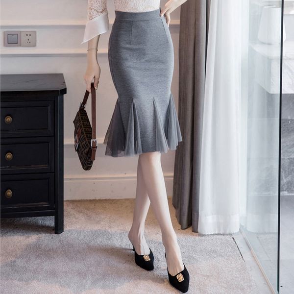

women pencil skirts 2020 new fashion high waist mesh patchwork mermaid skirt bodycon skirt elegant stretch skirts plus size, Black