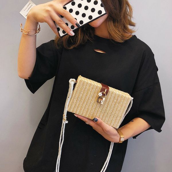 

summer hand-woven rectangle women straw bag ladies small shoulder bags bohemia beach bag crossbody bags travel handbag tote