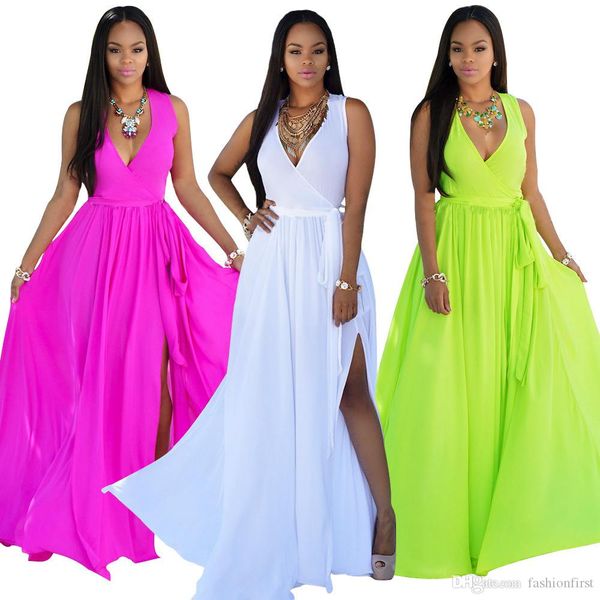 

asymmetric slits beach dress vacation women clothes deep v neck sleevess chiffon summer dress rose red white light green