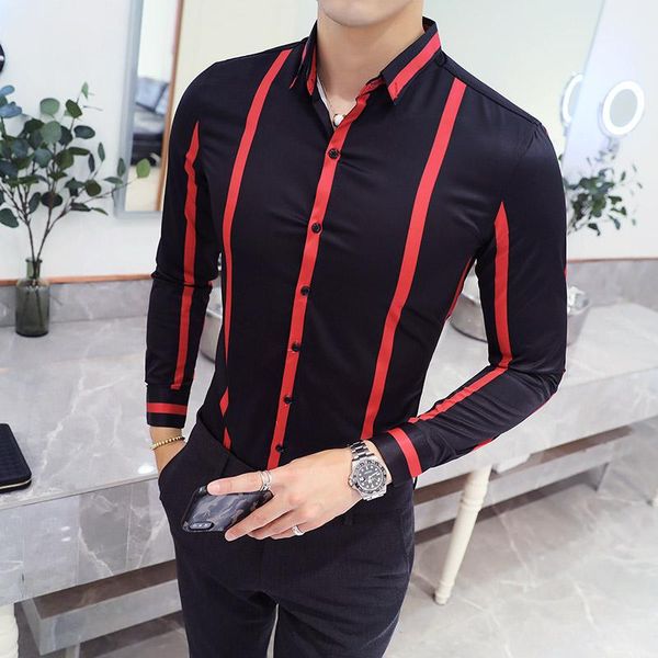 

2018 новая мода марка одежда мужская рубашка черная полоса рубашка slim fit отложной воротник платья формальные мужчин одежда, White;black
