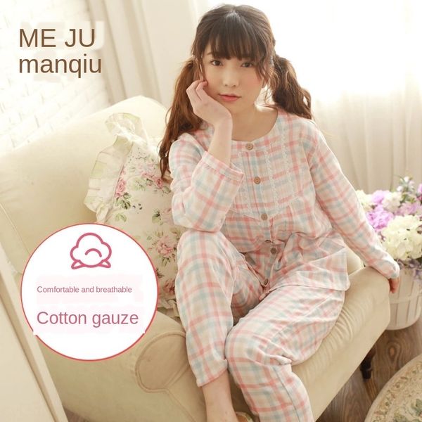 

ff7ec menqiu women's autumn gauze cotton plaid cardigan long-sleeved home clothes menqiu pajamas women's autumn gauze cotton plaid, Blue;red