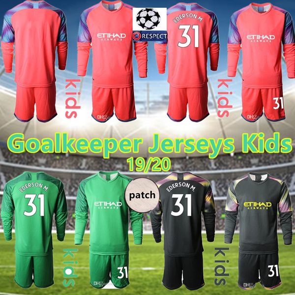 

2019 2020 long sleeve kid youth ederson moraes goalkeeper jerseys kids soccer sets #31 ederson m. #1 c. bravo boy kit children uniform, Black