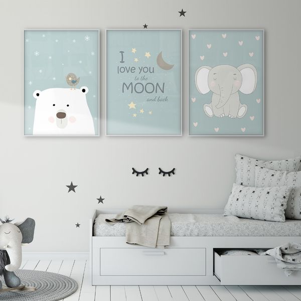 

polar bear bird elephant i love you to the moon and back children's wall art poster baby room canvas print nursery wall decor