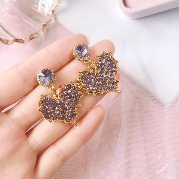 

s925 серебряной игла девушки сердца сладкой воды алмаз любовь серьга снится фиолетовым кристалл серьги персика сердца корейской, Golden;silver