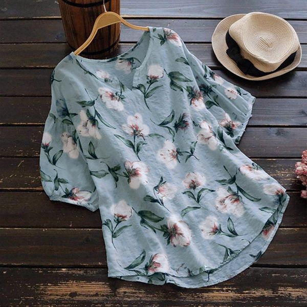 

women blouse shirt v neck half sleeve linen vintage boho floral print loose blouse blusas mujer de moda 2019 camisas new, White