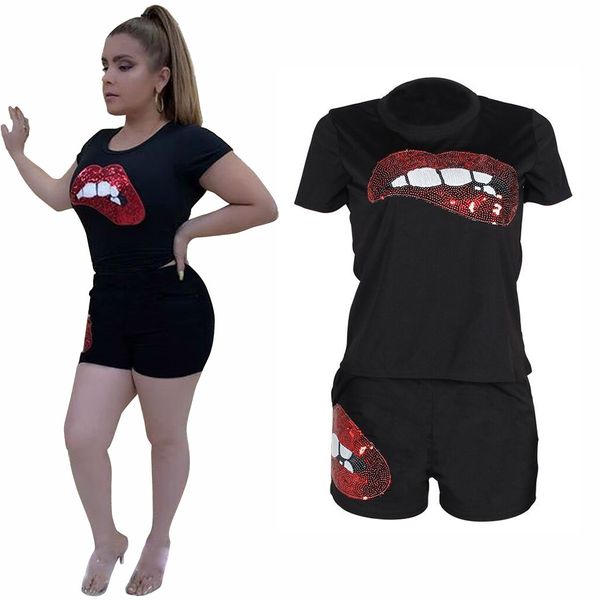 

женские костюмы для летней моды стильной люкса блестки губы pattern с короткими рукавами брюки двухсекционных костюмы s-xl, Gray