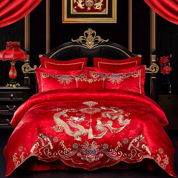 

jacquard embroidery traditional chinese wedding bedding set satin cotton  king size oriental duvet cover cushion bedspread