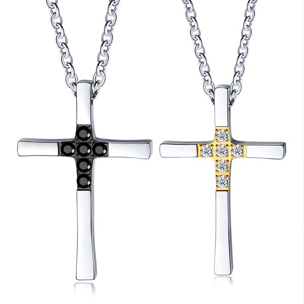 

creative religious cross sparkling zircon couple necklace classic retro men women titanium steel pendant stainless steel jewelry, Silver