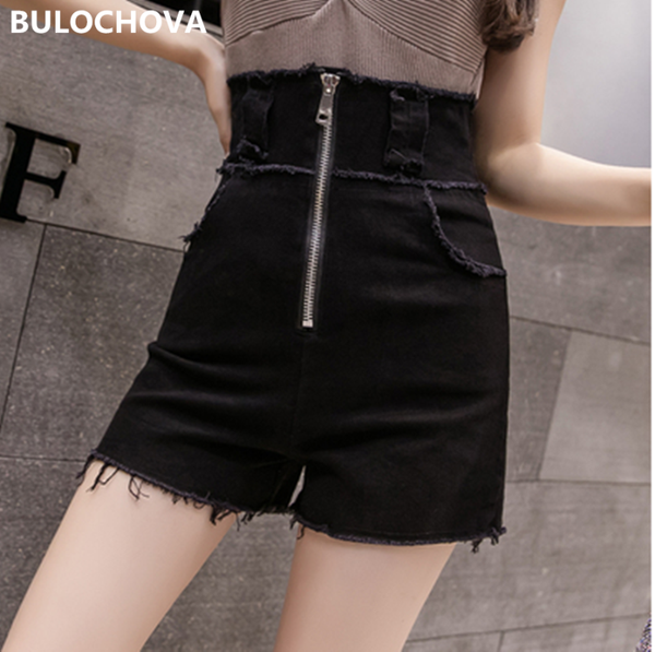 

black white women's high waist push up tassel zippers denim shorts 2020 summer students fashion large size shorts jeans, Blue