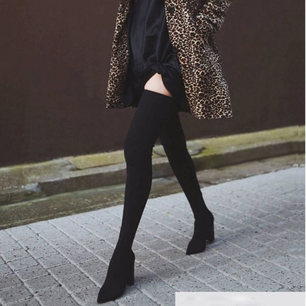 

2019 season increase sharp with boots woman high with thin long boots overknee elastic, Black