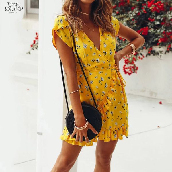

bohemian women autumn yellow dress casual short sleeve v neck bandage yellow evening party print short mini dress l20, Black;gray