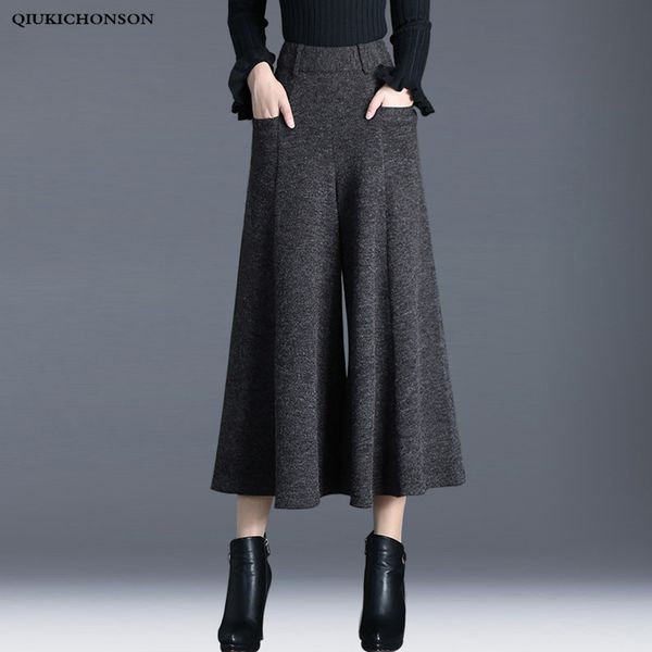 

women's pants & capris winter women high waisted ankle-length wool wide leg culottes ladies trousers pantskirt pantalon palazzo mujer, Black;white