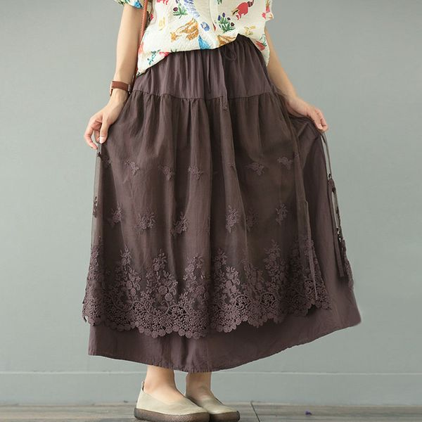 

johnature summer loose leisure all-match retro embroidery skirt 2020 new simple comfortable solid color women fashion half skirt, Black