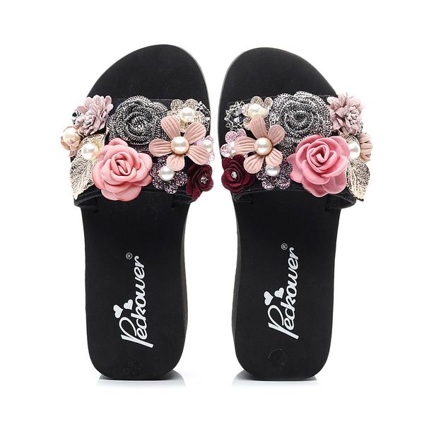 

ladies slippers fashion wedges floral thick bottom slippers women outdoor summer beach shoes 2020 new shoes, Black