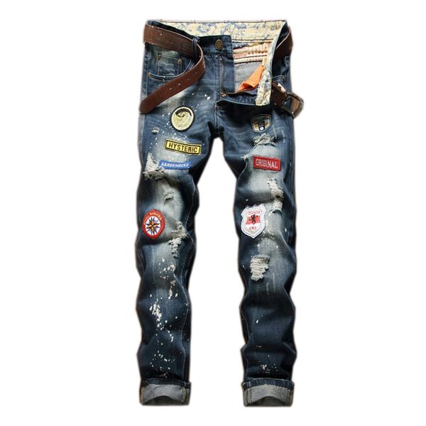 

new distressed mens jeans ripped hole with patches jeans men's skinny new brand slim uomo pants vintage denim trousers male, Blue