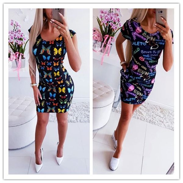 

new arrival 2019 summer dresses slim bodycon pencil mini party dresses women short sleeve letter butterfly 3d printed dress, Black;gray