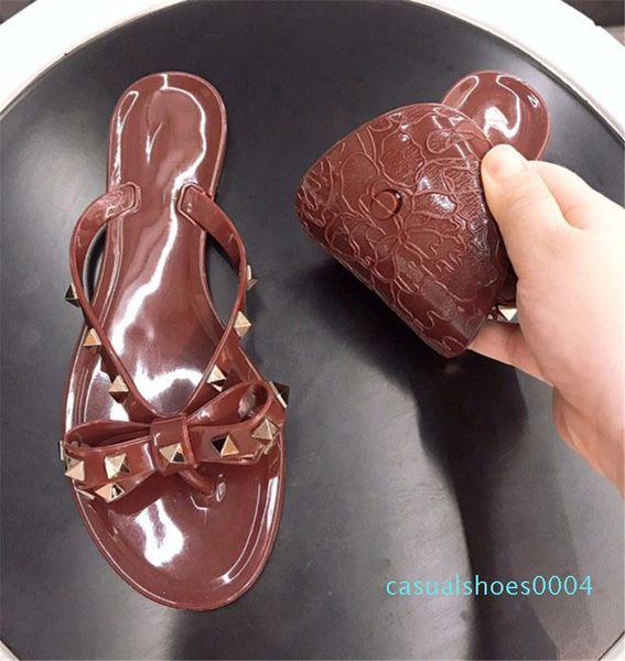 

women designer sandals rivets brands bow knot flat slippers sandal studded girl shoes cool beach jelly platform slides lady flip flops df24, Black