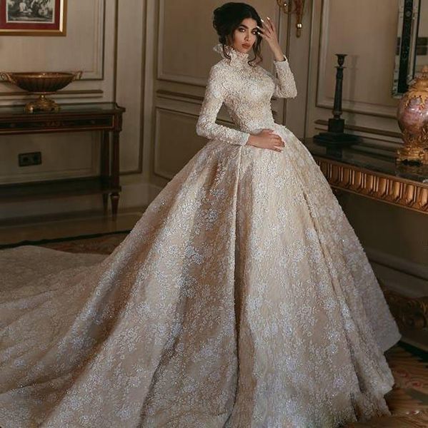 

elegant ball gown wedding dresses long sleeves rhinestone sequins appliques satin bride gowns high collar sweep train vestidos de novia, White