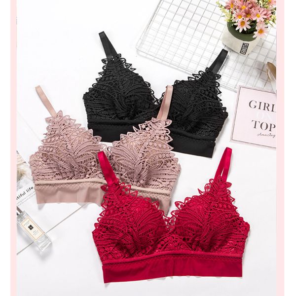 

push up bras for women lingerie comfortable wireless bralette lace floral embroidery bra underwear, Red;black