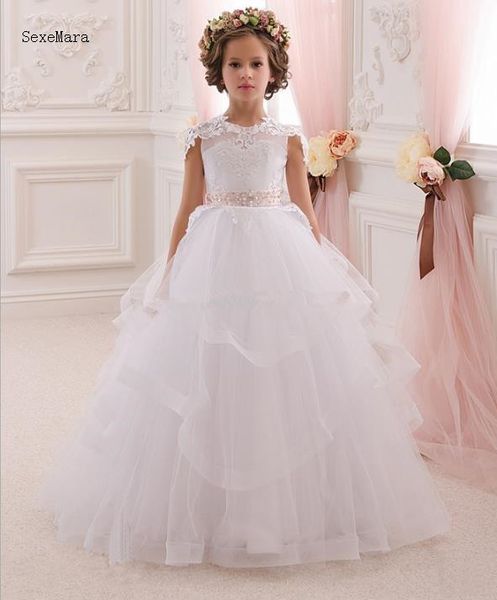 

ivory white puffy tulle lace flower girl dress for wedding long backless girls first communion dress with ribbon, Red;yellow