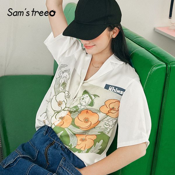

sam's tree white graphic print chic single button casual satin women shirts 2020 summer new half sleeve korean ladies daily