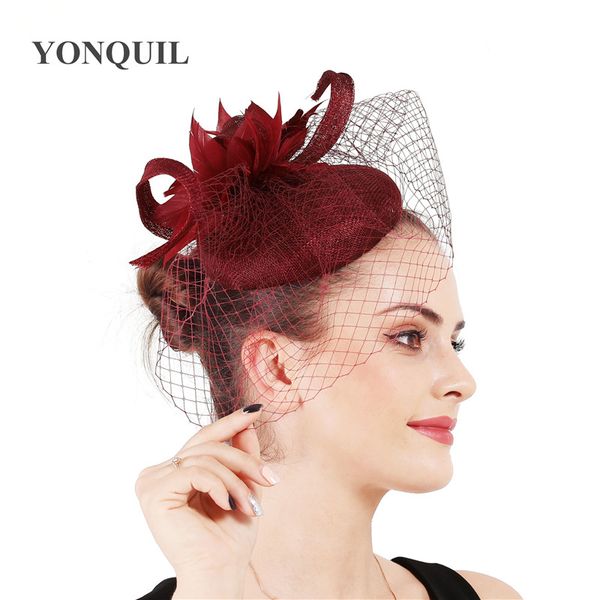 

sinamay marron перья chic fascinators шляпы элегантные женщины дамы свадебные волосы головные уборы невесты сетки шапо аксессуары великолепн