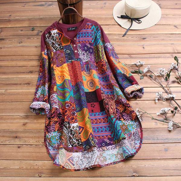 

zanzea 2020 women's floral blouse kaftan printed shirts button down long sleeve blusas female v neck tunic chemise oversized, White