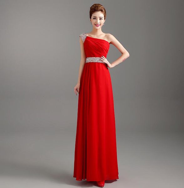 

one shoulder long bridesmaids dresses floor-length chiffon country bridesmaid dress wedding party gowns with waist beadings for ch355s, White;pink
