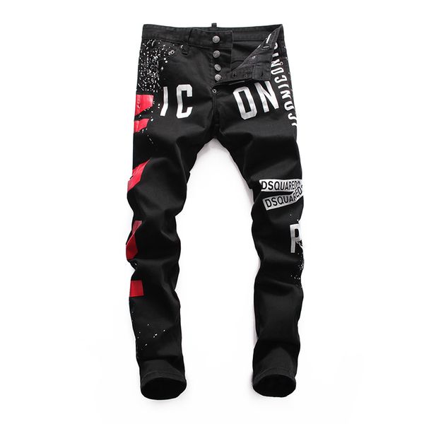 

fashion jeans men nightclub skinny jeans black letter streetwear pencil denim pants men trousers x169, Blue