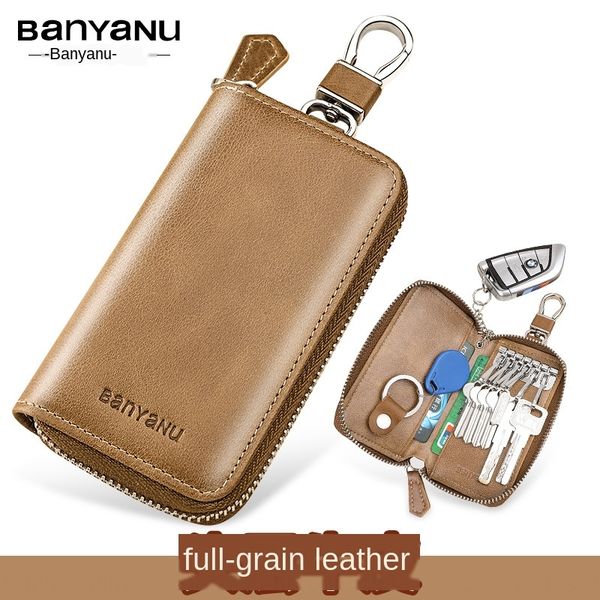 

large capacity genuine leather men's men's car key bag zipper zipper cowhide multifunctional waist hanging key bag women
