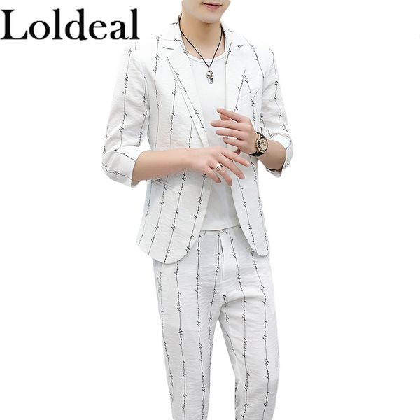 

loldeal medium-sleeved suit set men's slim letter striped batik one button blazer + long pants, White;black