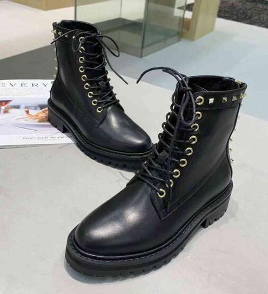 

luxury new womens martin snow winter rivet lace up cow leather square heel cowboy booties shorts casual boot sz35-40, Black