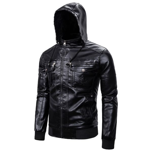 

jacket coat hooded motorcycle men's autumn winter casual long sleeve solid thicken hooded leather jacket men clothes, Black