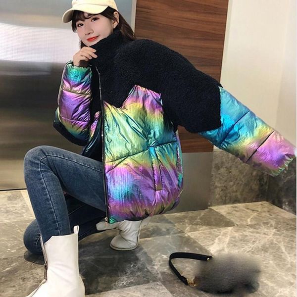 

korea women lamb hair fur patchwork cotton padded jackets pockets winter loose glossy coats short long sleeve warm parkas, Black