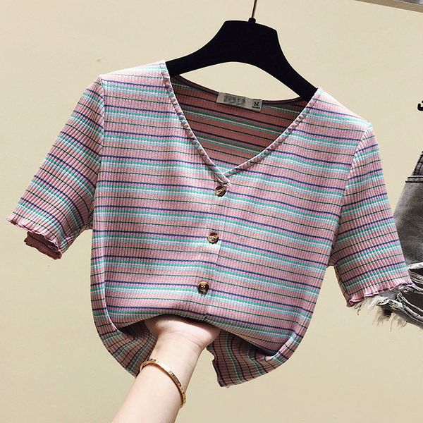 

women's t-shirt 2020 amoi rainbow stripe v-neck slim top, White