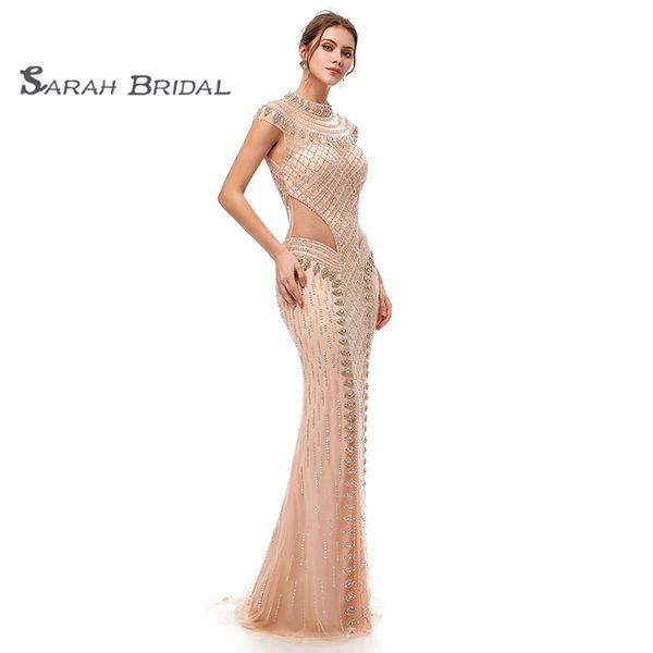 

Luxury cry tal mermaid blu h tulle prom party dre e 2019 champagne backle ve tido de fe ta evening occa ion gown 5401