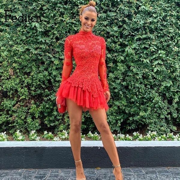 

feditch red lace paty dress women floral mesh long sleeve elegant summer dress mini high neck a line bodycon dresses vestidos, Black;gray
