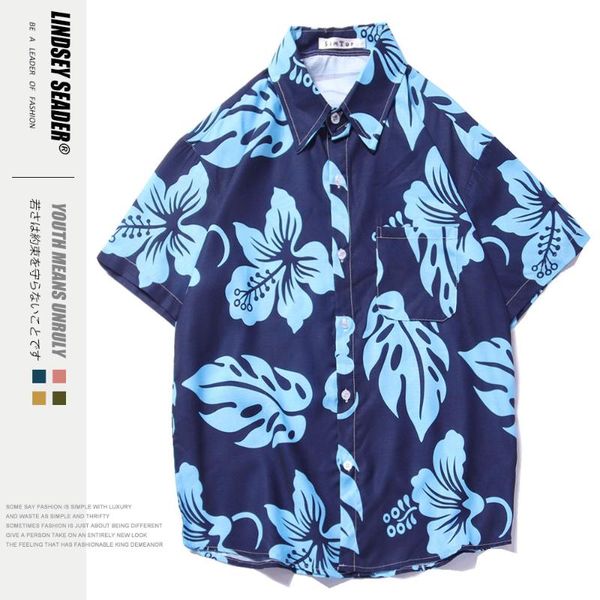 

lindsey seader hawaii beach hat palm tree style full printed vintage hip hop shirt men 2020 summer single breasted men's shirts, White;black