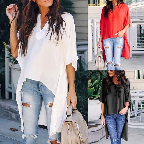 

summer womens designer tshirt asymmetrical solid color v neck comfortable loose batwing tshirt casual womens tees, White