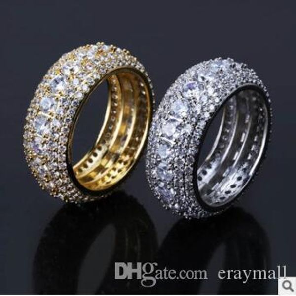 

zircon ring hiphop rapper ring for men fashion hip hop gold silver ring five rows bling cubic zirconia mens ice out jewelry 225