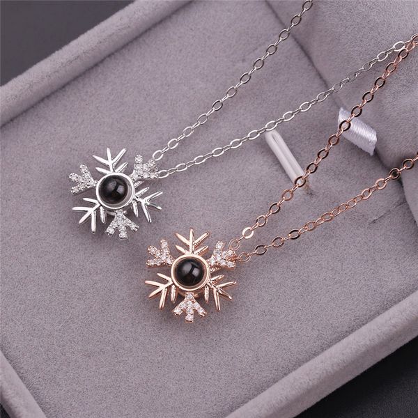 

romantic love memory wedding snowflake necklace rose gold&silver 100 languages i love you projection pendant necklace