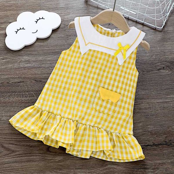 

new summer casual baby girls sweet plaid dress girl child bow neck cute dress short sleeve printed dresses, Red;yellow