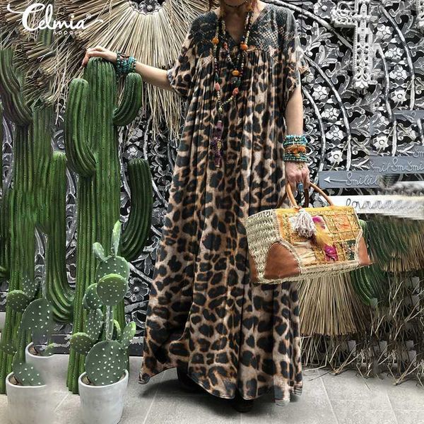 

women long maxi dress 2020 celmia bohemian leopard print beach sundress short sleeve casual lace pleated party robe vestidos 5xl, White;black