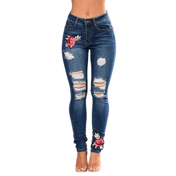

hxroolrp fashion floral jeans women stretch pants pour dames female slim trousers ladies pencil pants jeans de mujer c2, Blue