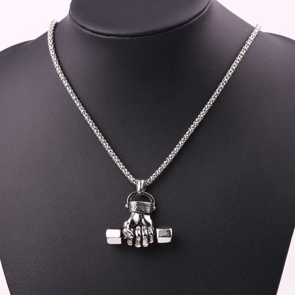 

vintage fist dumbbell necklace for men gifts for gym fitness men pendant chain chocker accessories jewelry, Silver