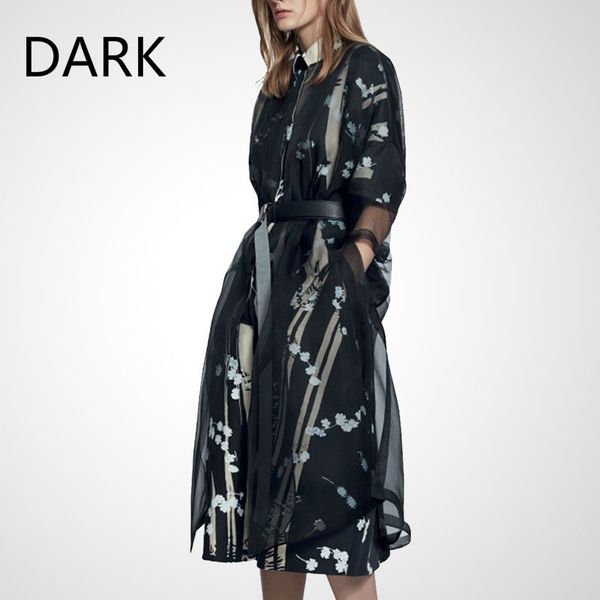 

summer new printed dress europe and america 2020 women's mid-length fashion waist shirt a-line skirt was thin, Black;gray