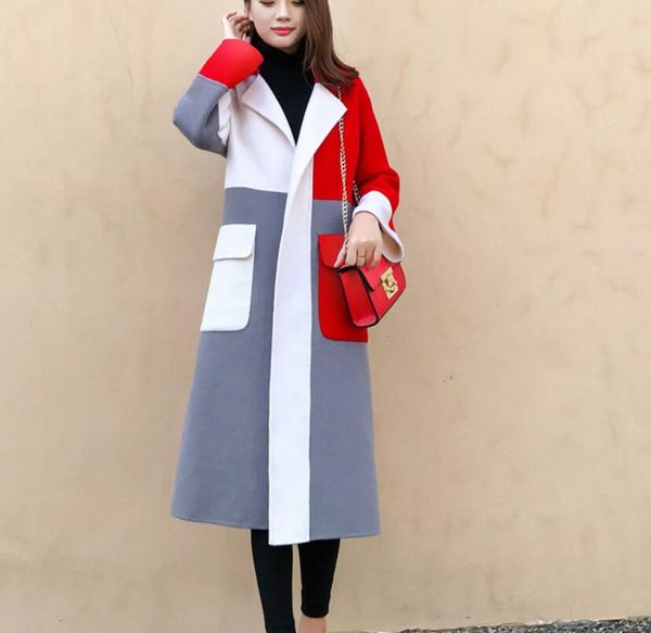 

blend long-sleeved spring new elegant contrast color lapels long wool coat women's autumn winter blazer outwear, Black