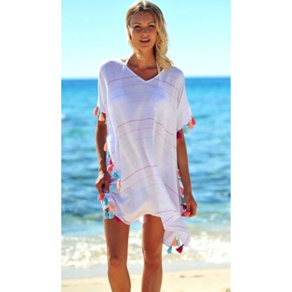 

2018 summer womens striped tassel swimwear bikini beach tunic dress wear swimsuit cover up kaftan ladies femme loose mini dress, Blue;gray